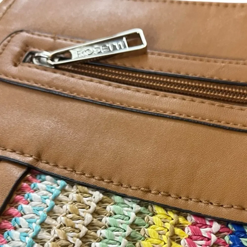 Rossetti Crossbody Bag Pink Blue Yellow Tan Woven Fabric Faux Leather Medium